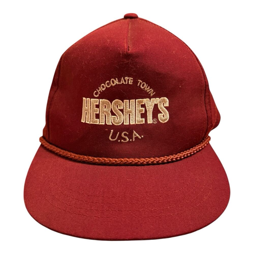 VINTAGE Hershey's Chocolate Town USA Mesh Snap Back Trucker Cap Hat with Rope